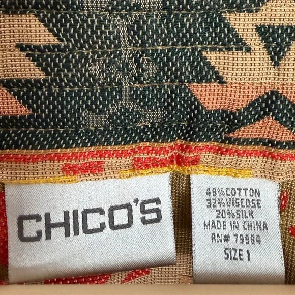 Chico's Southwestern Tapestry Button Front Jacket Womens Size 1 M Red Silk Blend - Picture 3 of 9